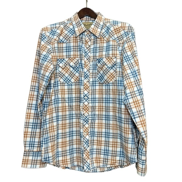 Wrangler Retro Blue Vrown Plaid Long-sleeve Shirt with Pearl Snaps Size XL/TG - Picture 1 of 4